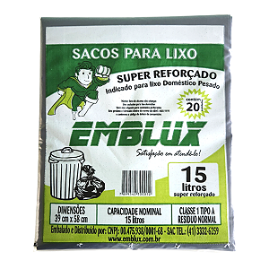 Saco para Lixo Reforçado Emblux - 15 Litros Preto 20 Unidades
