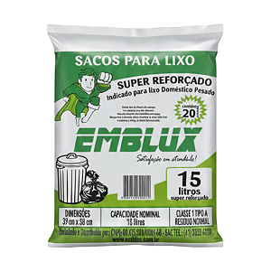 Saco para Lixo Reforçado Emblux - 15 Litros Preto 20 Unidades