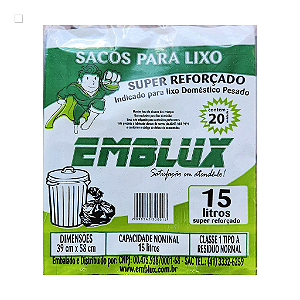 Saco para Lixo Reforçado Emblux - 15 Litros Preto 20 Unidades