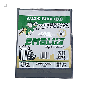 Saco para Lixo Reforçado Emblux - 30 Litros Preto 10 Unidades