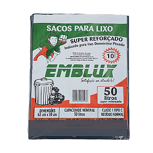 Saco para Lixo Reforçado Emblux - 50 Litros Preto 10 Unidades