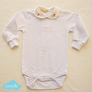Body Bebe Branco Gola Picueta Bege