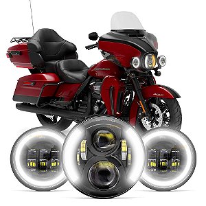 Kit Completo Farol de Led Angel Eyes P/ Harley Modelos Touring Principal 7" + Milha 4.5"