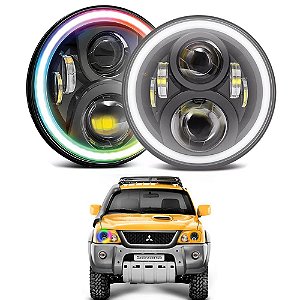 Farol LED 7 Pol 60w Angel Eyes RGB e Seta 2a Ger + Suporte Mitsubishi L200 TR4 Sport - Par