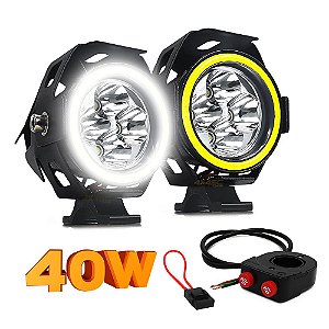 Farol Milha Moto 40w U40 - Luz Alta 6000k + Angel Eyes Branco - Controle Duplo + Porta Fuse - Par