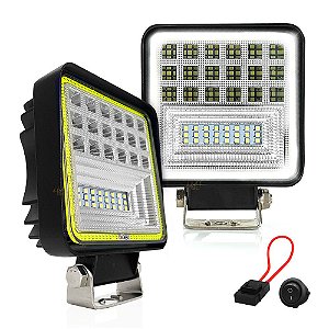 Farol Milha Quadrado 126w LED 4 Pol 11cm Spot Flood + Angel Branco + Botão + Fusível - Par