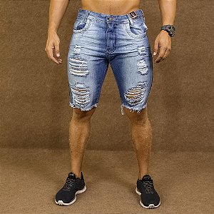 Bermuda Jeans Destroyed Skinny Faixa Lateal