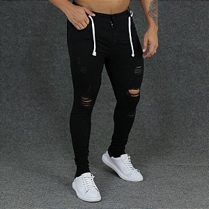Calça Jeans Black Destroyed Com Cordão