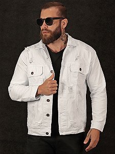 Jaqueta Jeans Slim Fit Branca Destroyed