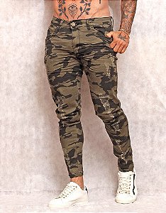 Calça Jeans Super Skinny Camuflada Destroyed