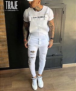 Macacão Jeans Super Skinny Branco Destroyed
