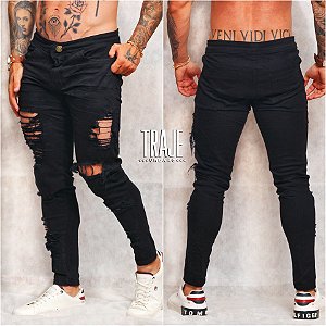Calça Jeans Super Skinny Preta Destroyed