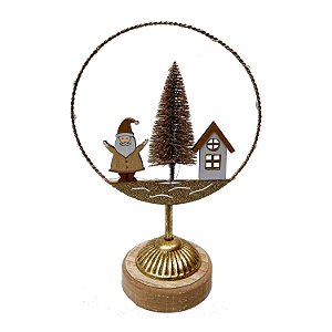 PAPAI NOEL COM ARVORE E CASINHA DOURADO NO ARO COM PEDESTAL EM METAL  COM LED   F352705