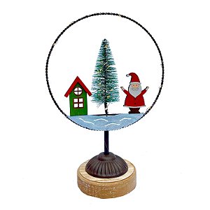 PAPAI NOEL COM ARVORE E CASINHA VERMELHO NO ARO COM PEDESTAL EM METAL COM LED F352706