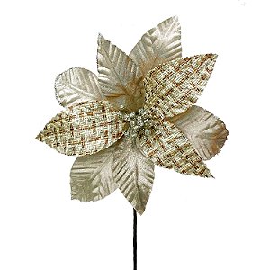 POINSETIA EM VELUDO MARFIM COM TRAMAS NATURAL E DETALHES GLITERADOS PRATA 27CM   G202586