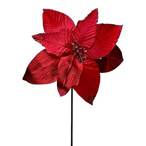 POINSETIA VELUDO VERMELHO DETALHES GLITERADOS 28CM   G202598