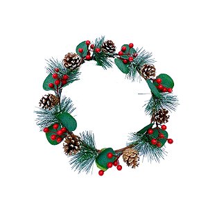 GUIRLANDA FOLHAS NEVADAS BERRIES VERMELHOS E PINHAS 30CM   G202605