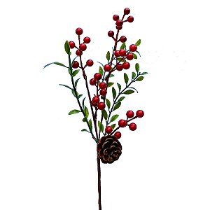 GALHO  BERRIES VERMELHO FOLHAS VERDE COM 1 PINHA 43CM   G202779