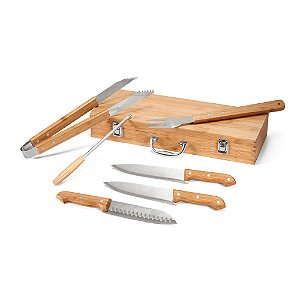 Kit churrasco em estojo de bambu com 6 peças em aço inox e bambu 93844