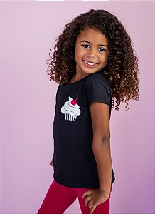 T-shirt Infantil Preta Decote V Cupcake
