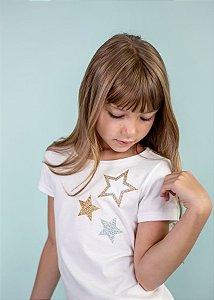 T-shirt Infantil Off-White Decote Canoa Estrela Dourada