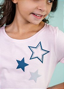 T-shirt Infantil Rosa Pálido Decote Canoa Estrela Azul