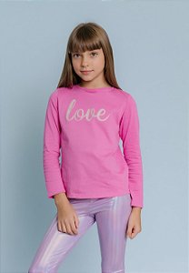 T-shirt Infantil Algodão Manga Longa Pink Guava Love Cirrê Creme