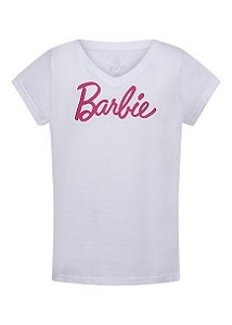 T-shirt Infantil Manga Curta Decote V Branca Com Aplicação Barbie Rosa