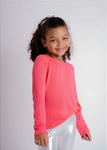 T-shirt Infantil Crepe Laranja Neon Manga Longa