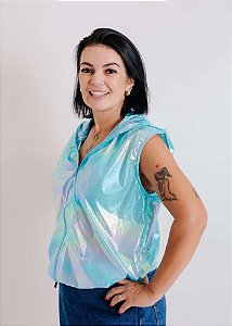 Colete Adulto Corta Vento com Capuz Azul Platinado