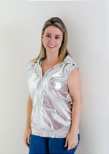Colete Adulto Corta Vento com Capuz Prata Platinado