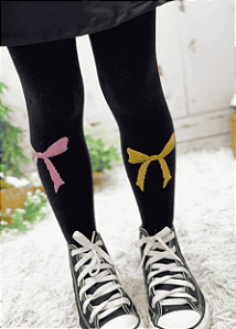Meia Calça Preta com Laços Rosa e Amarelo 3D