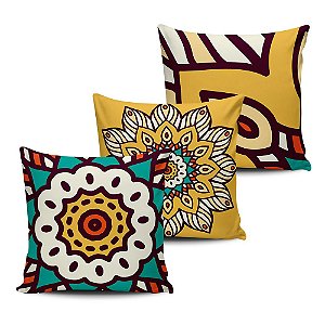 Conjunto 3 Almofadas Decorativas 45x45 com enchimento Mandala - ALMAND008