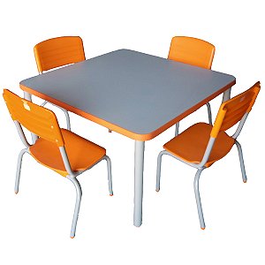 Mesa de Uso Coletivo Tamanho 01 com Cadeira Aluno Tamanho 01 – Laranja e Cinza