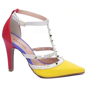 Scarpin Colorido Vermelho Amarelo Off White Feminino 65054E