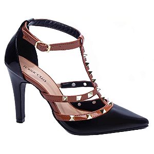 Scarpin Preto e Marrom Tachas Feminino 65054G