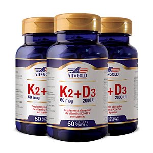 Kit Vitaminas K2 + D3 VitGold Menaquinona 7 180 Cápsulas