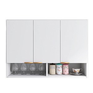 Armário 90cm Aéreo Modular 3 Portas Multiuso Cozinha Lavanderia Escritório Com Nicho