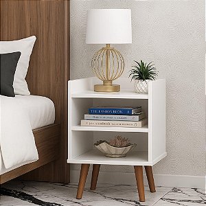 Kit 2 Mesa De Cabeceira 2 nichos e Prateleira Com Pés Palito Branco