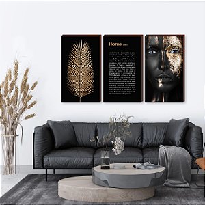 Trio de quadros decorativos Folha + Home + Mulher - preto e dourado [BOX DE MADEIRA]