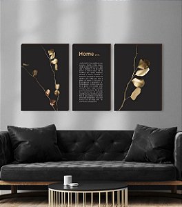 Trio de quadros decorativos Galhos dourados + Home  [BOX DE MADEIRA]