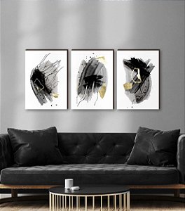 Trio de quadros decorativos Abstrato aquarela - preto e dourado [BOX DE MADEIRA]