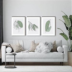 Trio de quadros decorativos Desenho folhas verdes [BOX DE MADEIRA]