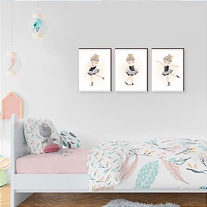 Trio de quadros decorativos infantil Bailarinas - preto [BOX DE MADEIRA]