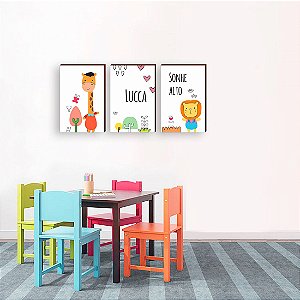 Trio de quadros decorativos infantil Girafa + Nome + LeÃ£o + Sonhe alto [BOX DE MADEIRA]