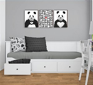 Trio de quadros decorativos infantil Panda love [BOX DE MADEIRA]