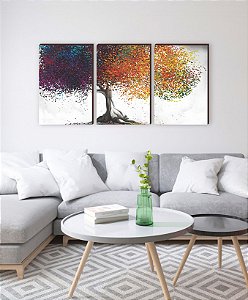 Trio de quadros decorativos paisagem Ã�rvore colorida [BOX DE MADEIRA]