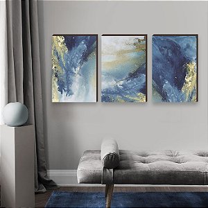 Trio de quadros decorativos Abstrato artístico - azul e dourado [BOX DE MADEIRA]
