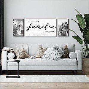 Trio de quadros decorativos Família personalizado marmorizado com frase onde o amor começa e nunca termina + Fotos [BOX DE MADEIRA]