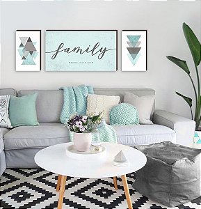 Trio de quadros decorativos Family personalizado + Geométricos - fundo tiffany [BOX DE MADEIRA]